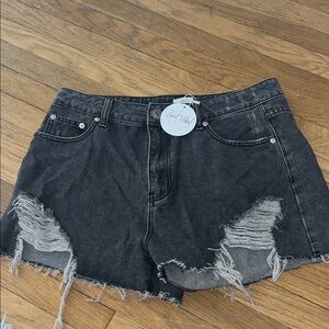 Blue Buttercup Boutique Sz L Distressed Black Denim Shorts NWT